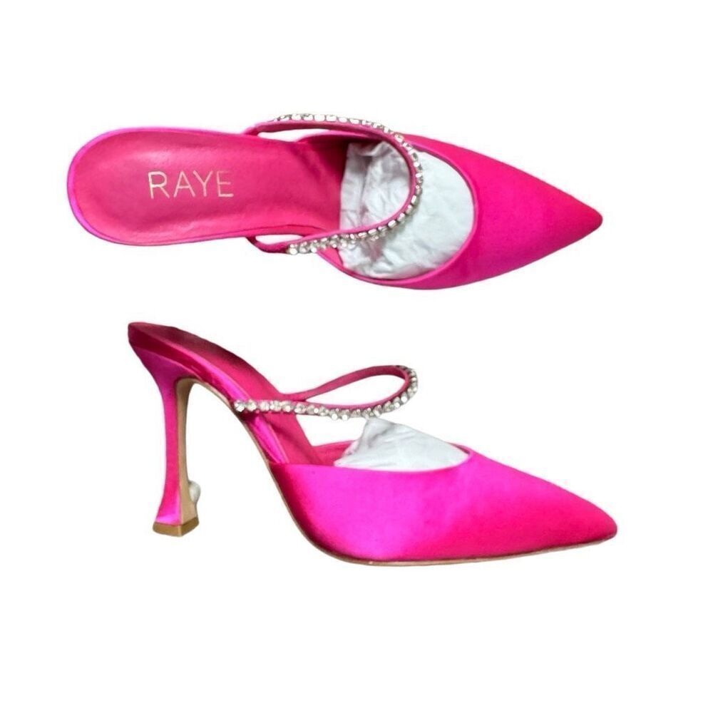 RAYE Hot Pink Satin Pointed Toe Heels with Crystal Strap